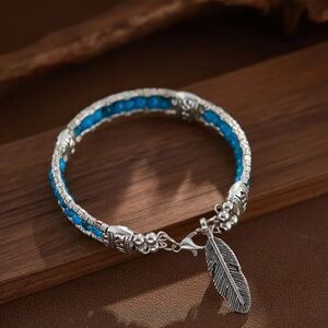 Boho-Chic Blue & Bead Feather Pendant Bracelet - Vintage Ethnic Style